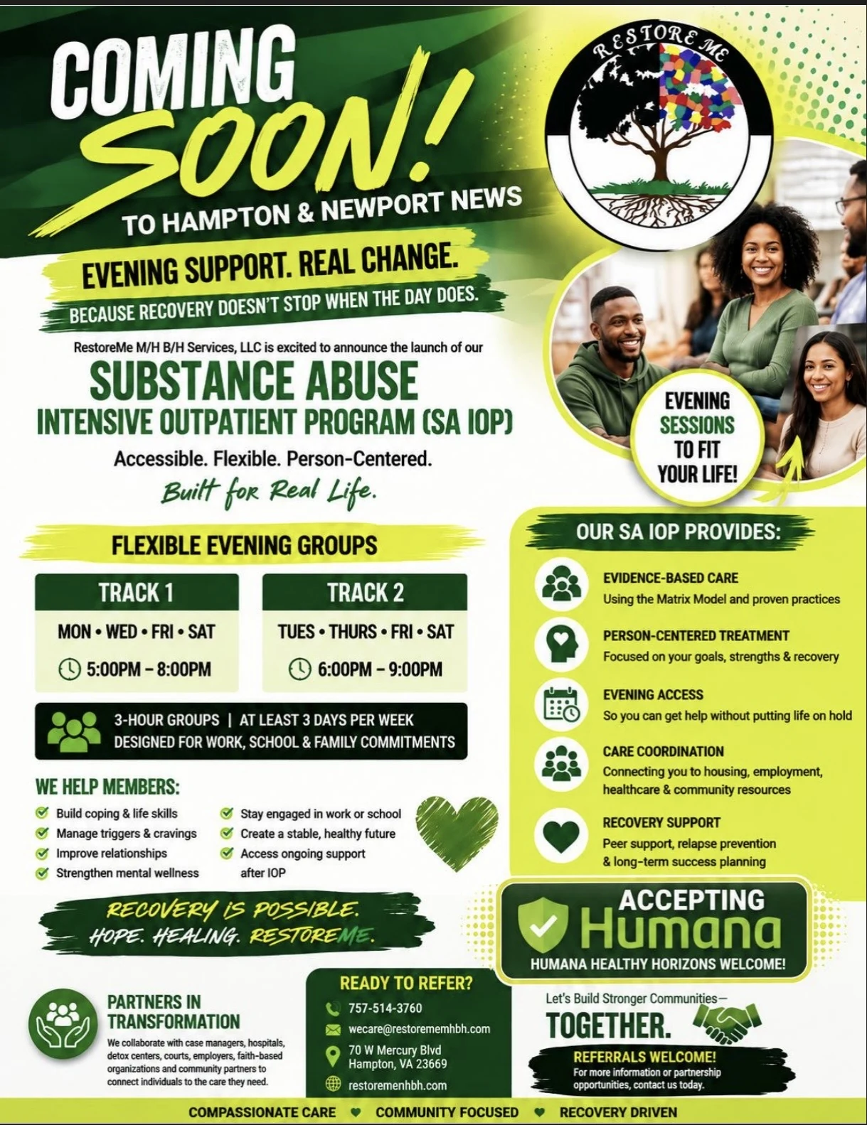 RestoreMe Substance Abuse Intensive Outpatient Program flyer with evening group schedules and contact details