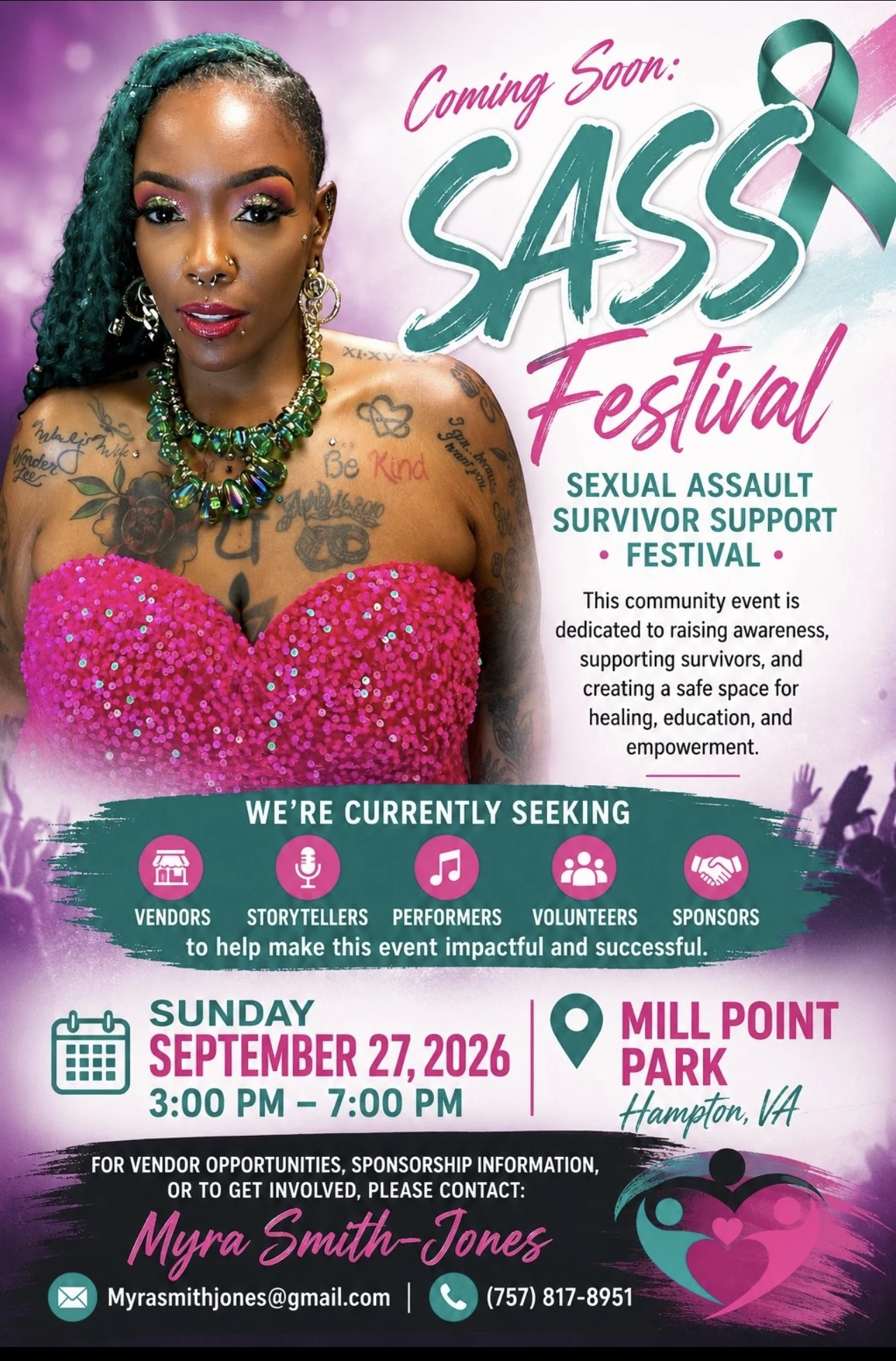 SASS Festival flyer for the Sexual Assault Survivor Support Festival on September 27, 2026 at Mill Point Park in Hampton
